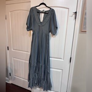 Storia Slate Blue V-Neck Tiered Maxi Dress